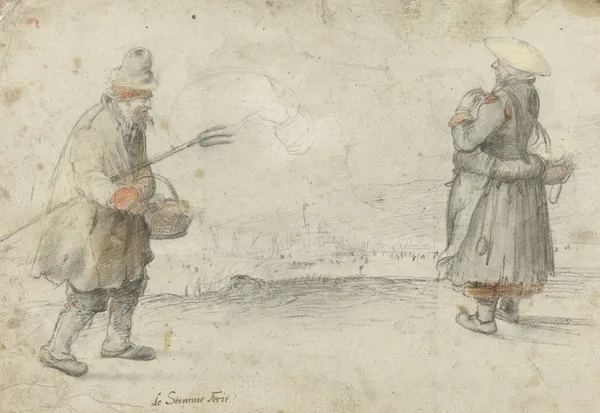 Studies of a Man and a Woman Standing on the Bank of a Frozen River, with a Town in the Distance av Hendrick Avercamp