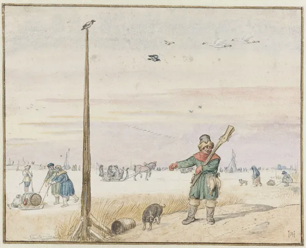 Winter Landscape with a Duck Hunter with Game in his Belt and his Gun over his Shoulder on the Bank of a Frozen River av Hendrick Avercamp