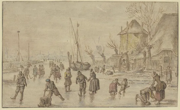 Winterlandschaft, auf dem Eis viele Schlittschuhläufer, rechts schnallt ein Mann einer Frau die Schlittschuhe an av Hendrick Avercamp