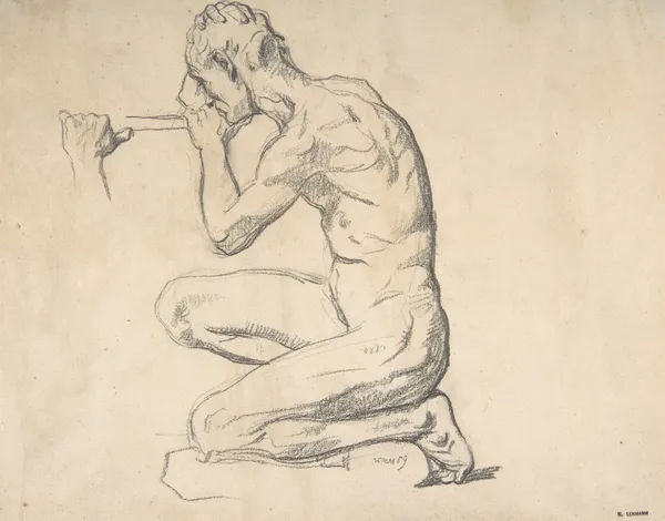 Kneeling Nude Male Figure, Facing Left av Henri Lehmann