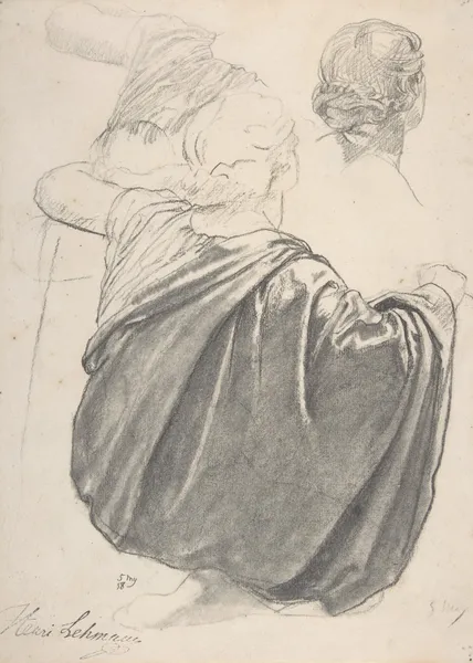 Studies of a Draped Female Figure, Kneeling, Seen from the Back, for the East Transept of the Chruch of Sainte-Clothilde, Paris av Henri Lehmann