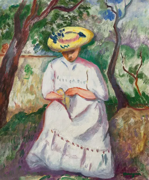 Jeanne cousant sous un chêne-liège, Villa Demière av Henri Manguin