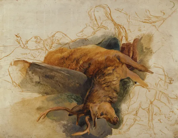 A Dead Stag, With Sketched Figures Of A Ghillie And Hounds av Sir Edwin Henry Landseer