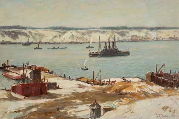 Hudson River and Warships, USS Connecticut av Joseph Henry Sharp