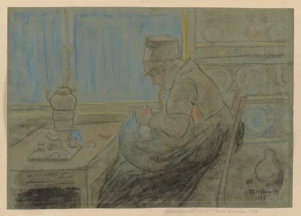 Frau im Profil nach links bei der Handarbeit, in der Küche sitzend av Hermann Lismann