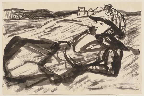 Lying woman with hat av Hermann Lismann