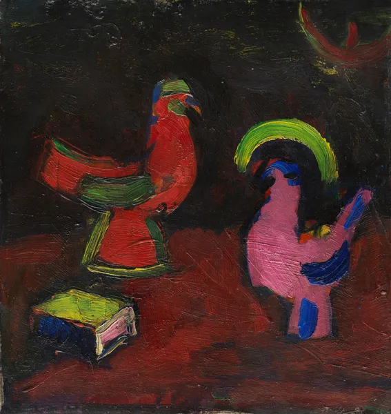Stillleben mit Tierfiguren und einem Buch (Hahn, Henne und Schachtel) av Hermann Stenner