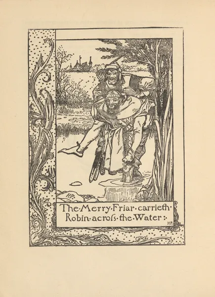 The merry Friar carrieth Robin across the Water av Howard Pyle