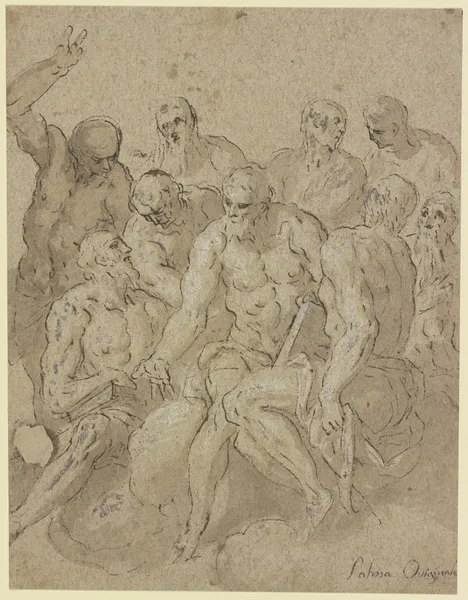 Neun Männerakte mit Büchern, auf Wolken sitzend av Jacopo Palma il Giovane