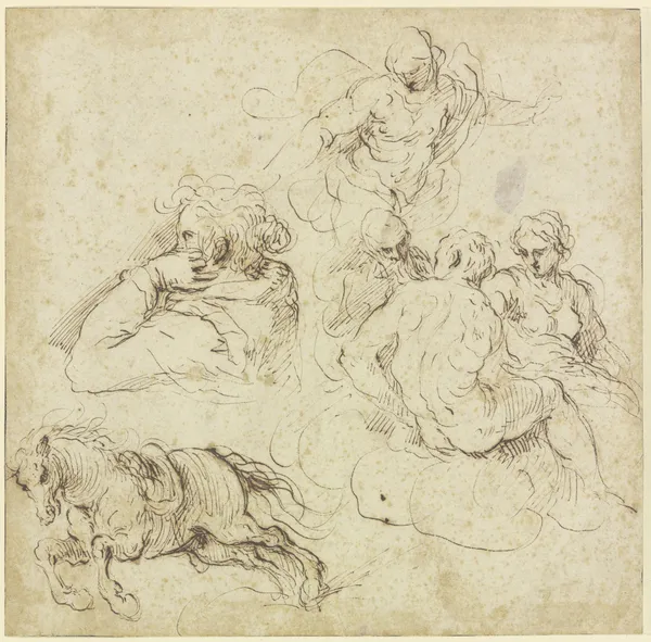 Study sheet with galloping horse, a woman in profile looking left, a group of figures on clouds and an angel av Jacopo Palma il Giovane