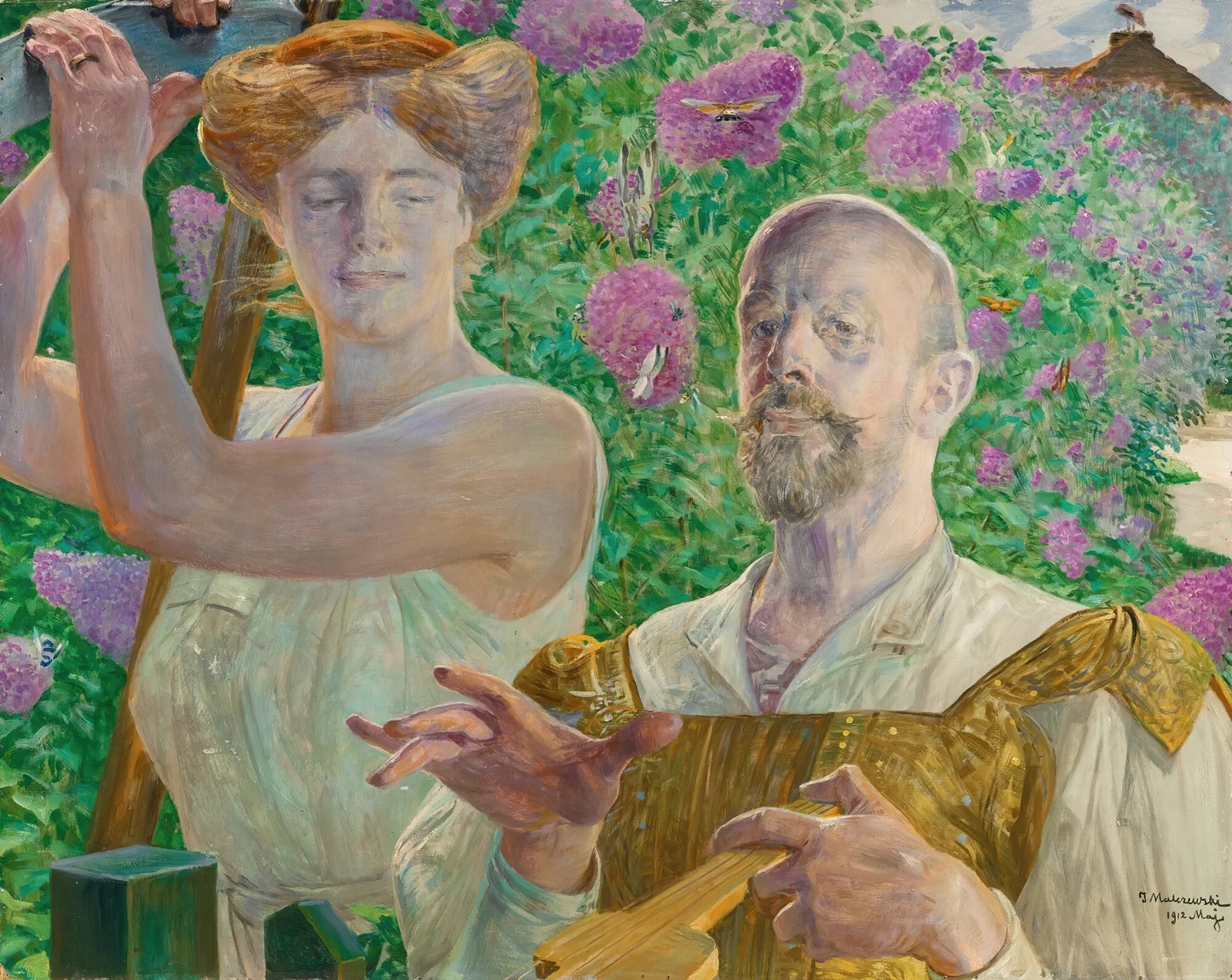 Self-portrait with muse and buddleia av Jacek Malczewski