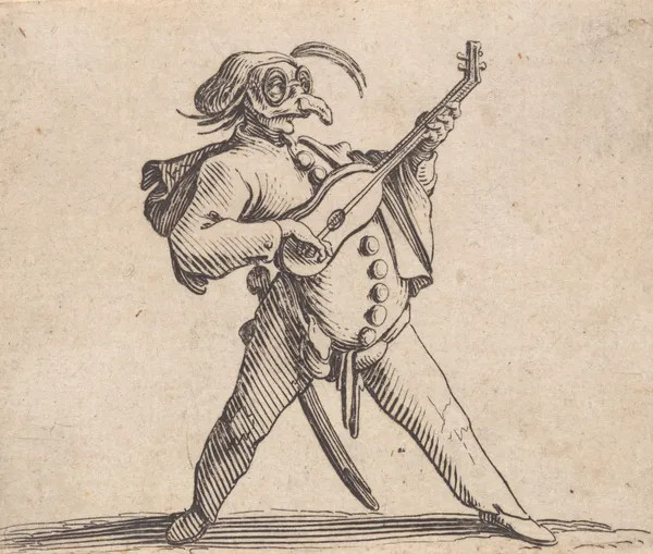 Le comédien masqué, avec lunettes, et jouant de la guitare av Jacques Callot