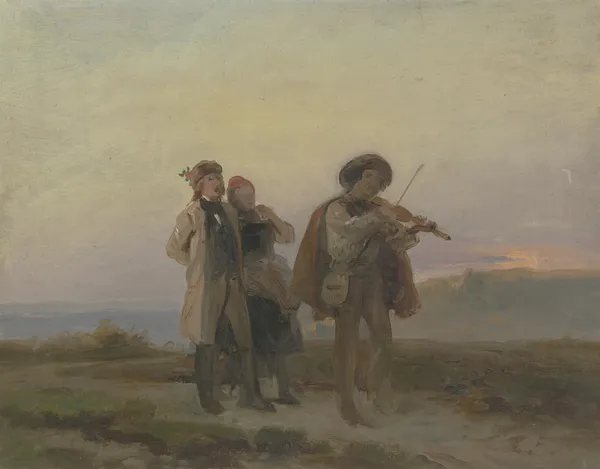 Abendlicher Spaziergang, Geiger und Bauernpaar auf den Feldern av Jakob Becker