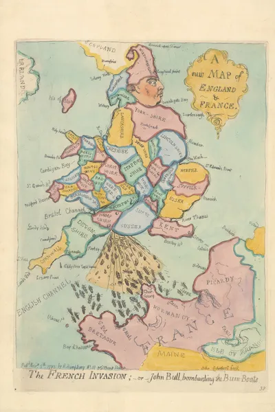 A New Map of England & France. The French Invasion; – or – John Bull bombarding the Bum-Boats av James Gillray