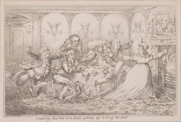Company shocked at a lady getting up to ring the bell av James Gillray