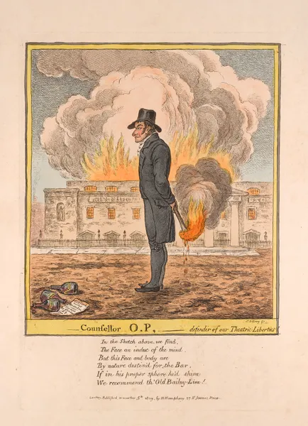 Counsellor O. P., defender of our theatric liberties av James Gillray
