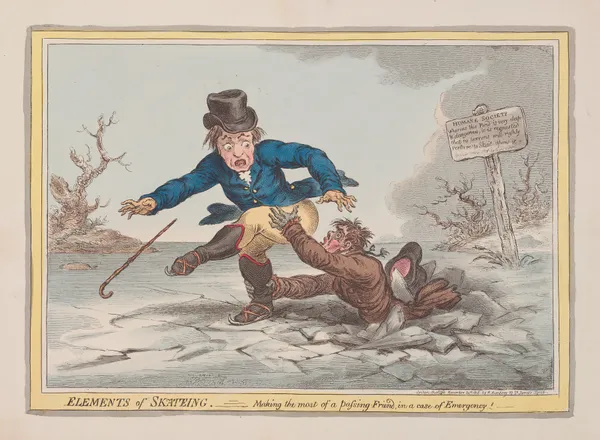 Elements of skateing. Making the most of a passing friend in a case of emergency!. av James Gillray