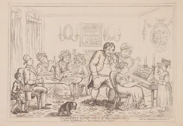 Farmer Giles & his wife shewing off their daughter Betty to their neighbors on her return from school av James Gillray