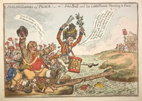 Preliminaries of peace! – or – John Bull and his little friends marching to Paris!. av James Gillray