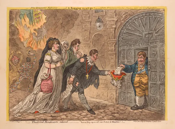 Theatrical-Mendicants, relieved. Have pity on all our aches & wantes!. av James Gillray