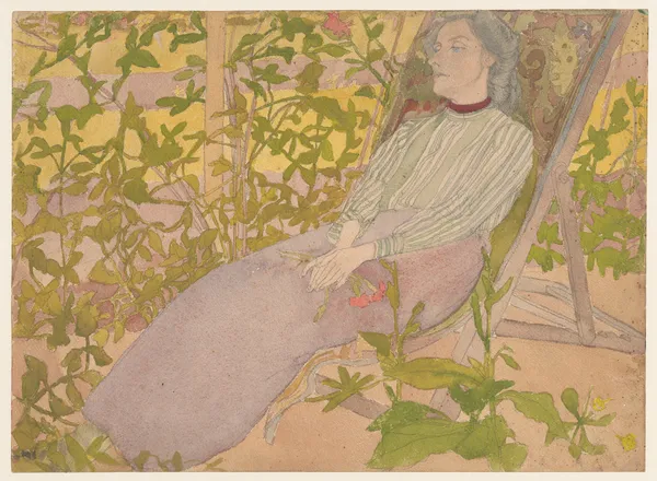 Woman resting on a deck chair av Jan Rembowski