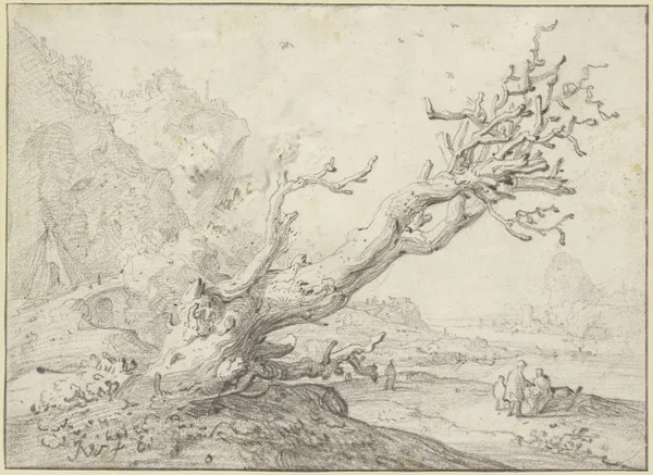 Alter dürrer Baum querüber nach rechts hängend, im Hintergrund eine Flußgegend mit mehreren Figuren av Jan Weenix