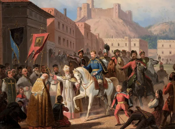 Hosius, bishop of Vilnius, and Sigismund Augustus av January Suchodolski