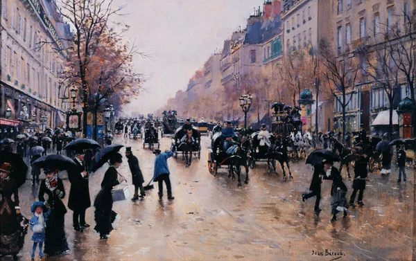 Le boulevard Poissonière sous la pluie av Jean Béraud