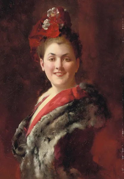 A lady in a fur-lined cape av Gustave Jean Jacquet