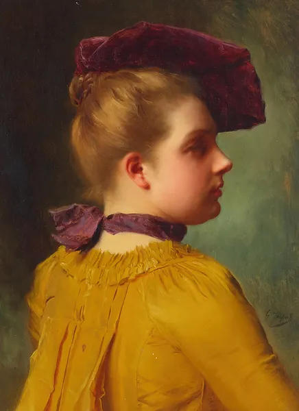 A portrait of a lady in a plum chapeau av Gustave Jean Jacquet
