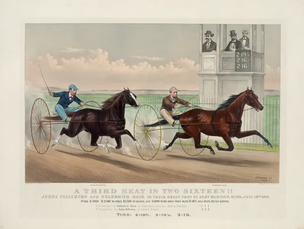 A third heat in two sixteen!!; Judge Fullerton and Goldsmith Maid in their great trot at East Saginaw, Mich. July 16th. 1874 av John Cameron