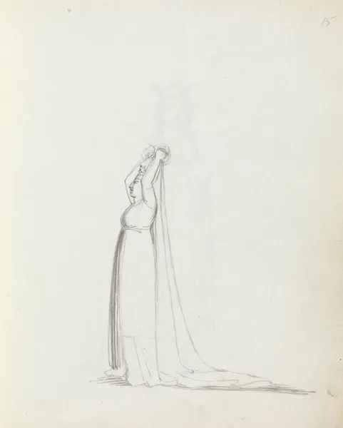 Mrs. Siddons full length profile standing with arms over her head holding a veil av John Flaxman