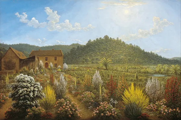 A view of the artist’s house and garden, in Mills Plains, Van Diemen’s Land av John Glover