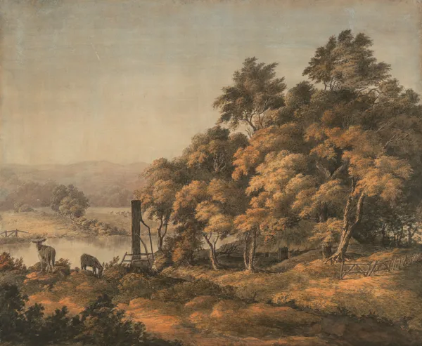 An extensive river landscape with donkeys av John Glover