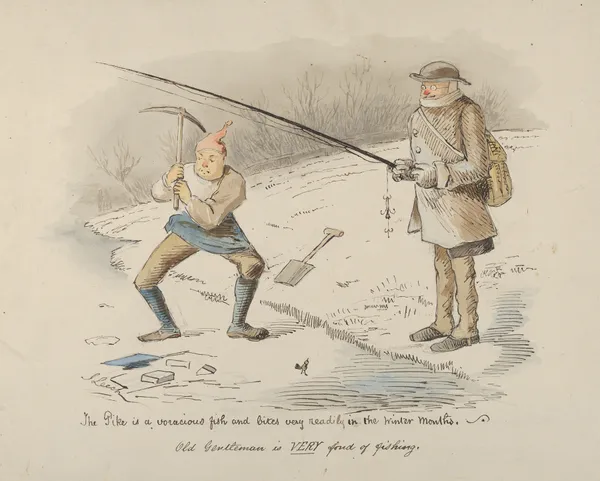 The Pike is a voracious fish and bites readily in the Winter months–Old Gentleman is VERY fond of fishing av John Leech