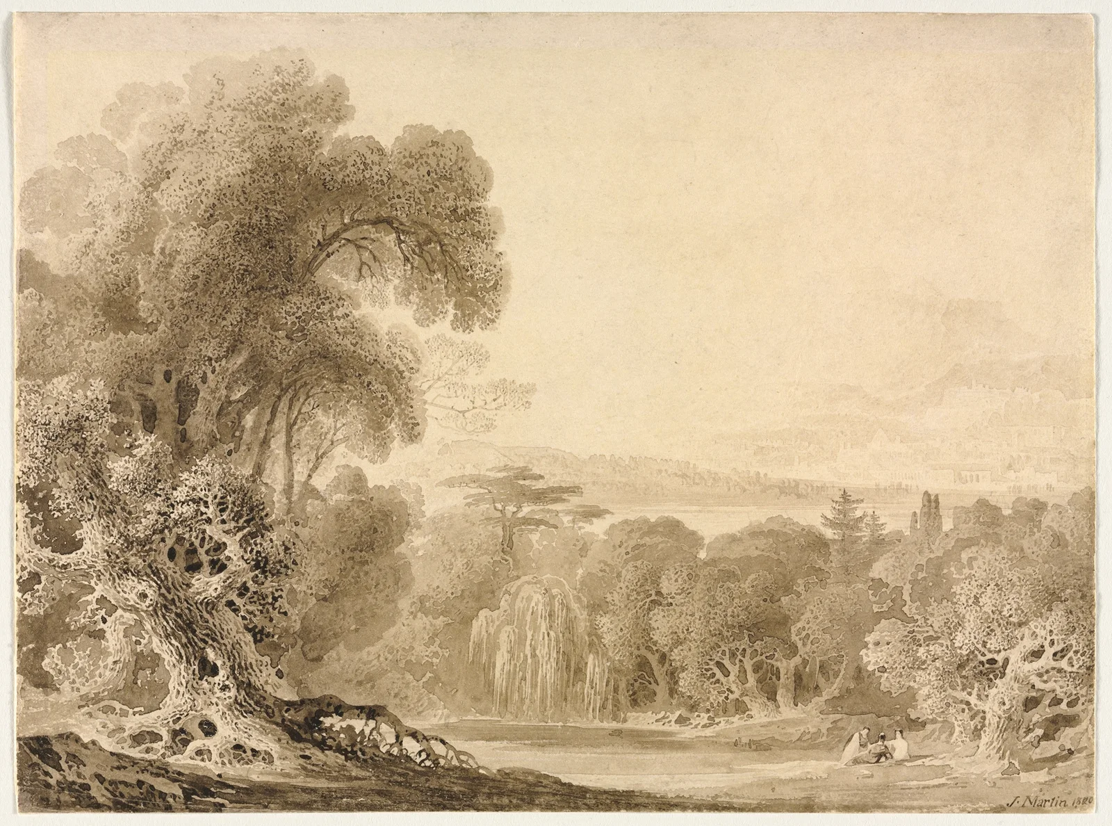 Figures Seated by a Lake in a Wooded Landscape av John Martin