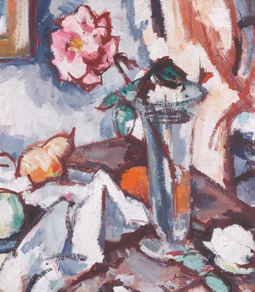 Pink Rose In Glass Vase With Fruit av Samuel John Peploe