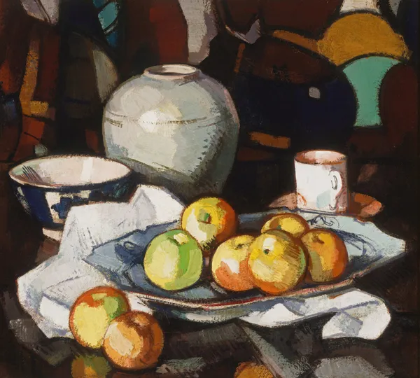 Still life; Apples and jar av Samuel John Peploe