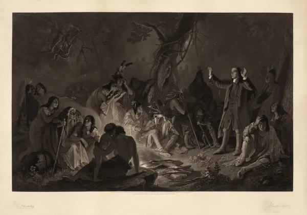 David Zeisberger preaching to the Indians av John Sartain