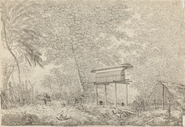 A Toopapapoo of a Chief, with a Priest Making his Offering to the Morai, in Huoheine av John Webber