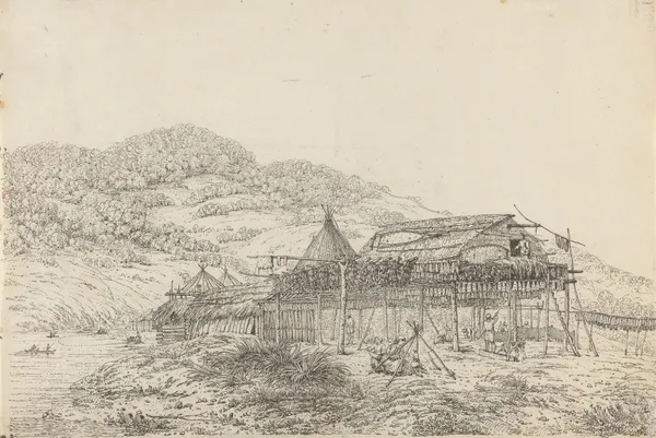The Balagans or Summer Habitations, with the Method of Drying Fish, at St. Peter and Paul, Kamtschatka av John Webber