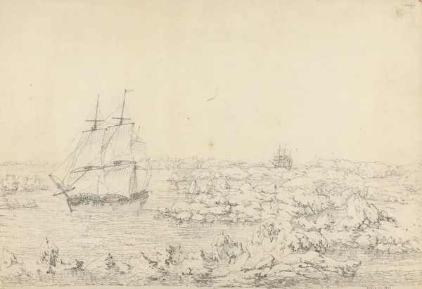 The Resolution Beating through the Ice, with the Discovery in the most eminent Danger in the Distance av John Webber