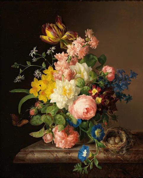 Blumenstrauß mit Vogelnest und Schmetterling av Josef Lauer