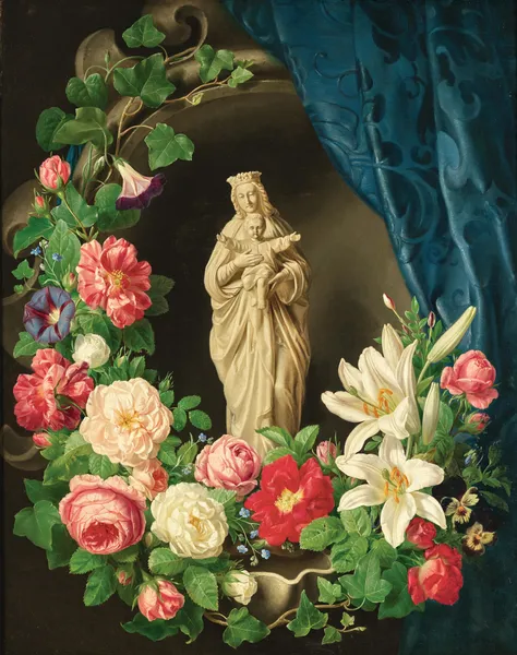 Madonna with child in a floral tendrils of roses, lilies and vetches av Josef Lauer