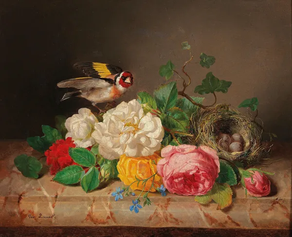 Rosenstück mit Stieglitz und Vogelnest av Josef Lauer