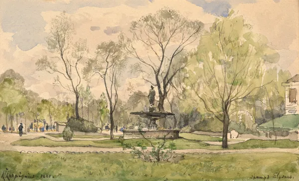 Les jardins des Champs-Elysées avec la fontaine de Diane de Jacques Hittorff, Paris av Henri-Joseph Harpignies
