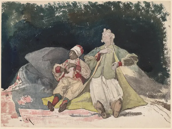 Two Dolls or Puppets Sitting on Cushions av Henri-Joseph Harpignies
