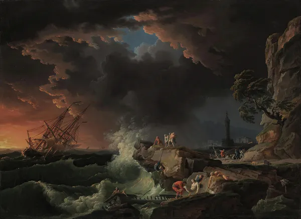 A shipwreck with figures coming ashore av Claude-Joseph Vernet