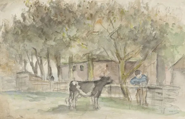 Landschap met een koe en een boer av Jozef Israëls