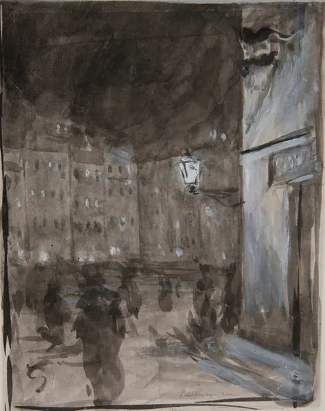 Old Town Market Square in Warsaw at night (study of the motif for the oil painting) av Józef Pankiewicz